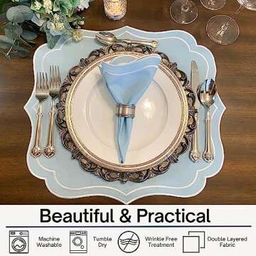 Bryonia Cotton Linen Placemats Set of 4 - Double Layered, Machine Washable, Wrinkle Resistance, Scalloped & Embroidered Cloth Table Mats - Easter, Spring, Giftable Mat 19 x 17 inch, Light Blue