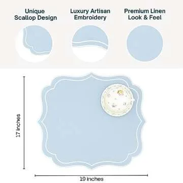 Bryonia Cotton Linen Placemats Set of 4 - Double Layered, Machine Washable, Wrinkle Resistance, Scalloped & Embroidered Cloth Table Mats - Easter, Spring, Giftable Mat 19 x 17 inch, Light Blue