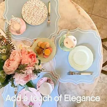 Bryonia Cotton Linen Placemats Set of 4 - Double Layered, Machine Washable, Wrinkle Resistance, Scalloped & Embroidered Cloth Table Mats - Easter, Spring, Giftable Mat 19 x 17 inch, Light Blue