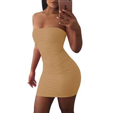 Mokoru Women's Casual Basic Bodycon Tube Top Sexy Strapless Club Party Mini Dress, X-Small, Khaki