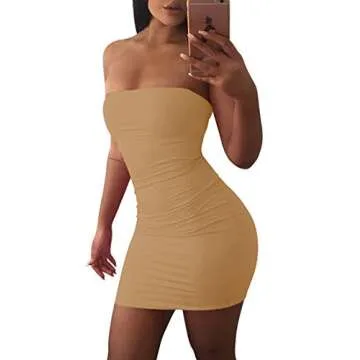 Mokoru Women's Casual Basic Bodycon Tube Top Sexy Strapless Club Party Mini Dress, X-Small, Khaki