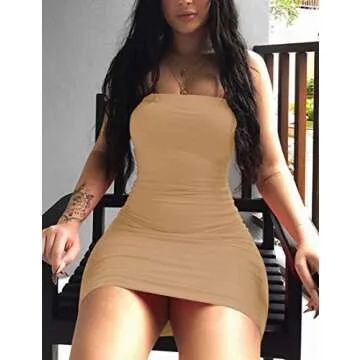 Mokoru Women's Casual Basic Bodycon Tube Top Sexy Strapless Club Party Mini Dress, X-Small, Khaki