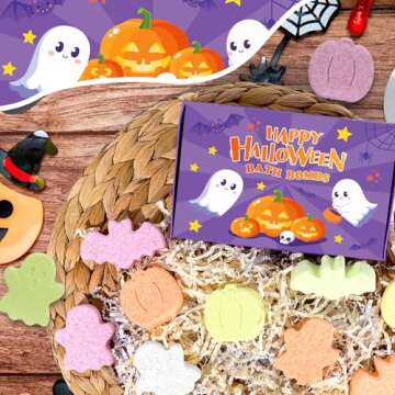 Halloween Bath Bombs - 12pcs Halloween Gifts Bath Bombs for Kids, Kids Bath Bombs Halloween Party Favors for Kids Goodie Bag Fillers, Natural Organic Bubble Bath with Spooky Pumpkin Bat Bath Bombs