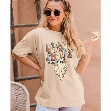 GLIGLITTR Lets Go Ghouls T-Shirt Womens Halloween Ghost Oversized Shirts Spooky Season Graphic Tee S...