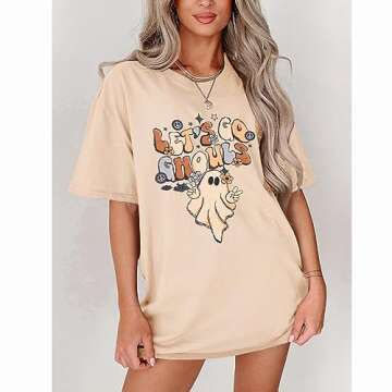 GLIGLITTR Lets Go Ghouls T-Shirt Womens Halloween Ghost Oversized Shirts Spooky Season Graphic Tee Short Sleeve Bleached Tops(Apricot,Medium)