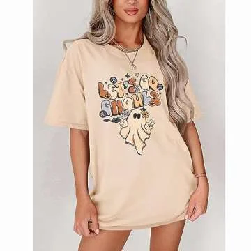 GLIGLITTR Lets Go Ghouls T-Shirt Womens Halloween Ghost Oversized Shirts Spooky Season Graphic Tee Short Sleeve Bleached Tops(Apricot,Medium)