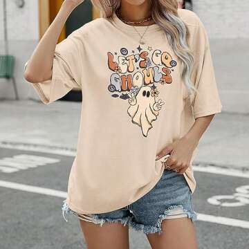 GLIGLITTR Lets Go Ghouls T-Shirt Womens Halloween Ghost Oversized Shirts Spooky Season Graphic Tee Short Sleeve Bleached Tops(Apricot,Medium)