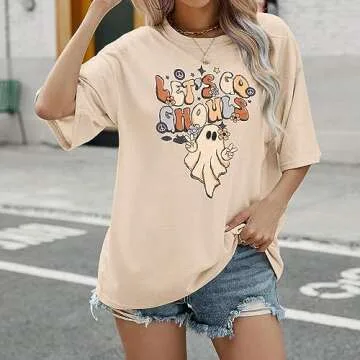 GLIGLITTR Lets Go Ghouls T-Shirt Womens Halloween Ghost Oversized Shirts Spooky Season Graphic Tee Short Sleeve Bleached Tops(Apricot,Medium)