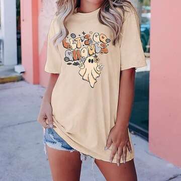 GLIGLITTR Lets Go Ghouls T-Shirt Womens Halloween Ghost Oversized Shirts Spooky Season Graphic Tee Short Sleeve Bleached Tops(Apricot,Medium)