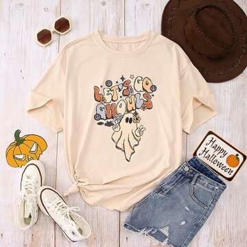 GLIGLITTR Lets Go Ghouls T-Shirt Womens Halloween Ghost Oversized Shirts Spooky Season Graphic Tee Short Sleeve Bleached Tops(Apricot,Medium)