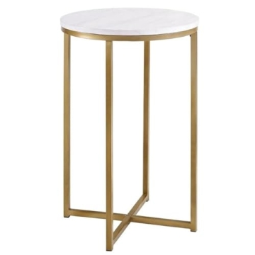 Walker Edison Cora Modern Faux Marble Round Accent Table with X Base, 16 Inch, Marble and Gold