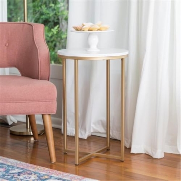 Walker Edison Cora Modern Faux Marble Round Accent Table with X Base, 16 Inch, Marble and Gold