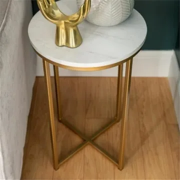 Walker Edison Cora Modern Faux Marble Round Accent Table with X Base, 16 Inch, Marble and Gold