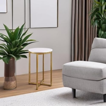 Walker Edison Cora Modern Faux Marble Round Accent Table with X Base, 16 Inch, Marble and Gold