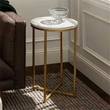 Walker Edison Cora Modern Faux Marble Round Accent Table with X Base, 16 Inch, Marble and Gold