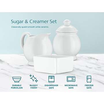 KooK Sugar and Creamer Set, 3 Piece, Pitcher, Sugar Bowl with Lid and Spoon, Sweetener Holder, White (Vintage Design)