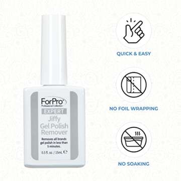 ForPro Professional Collection Expert Jiffy Gel Polish Remover, Removes All Brands Gel Polish in Less Than 5 Minutes, Quick & Easy Gel Removal, No Foil Wrapping or Soaking Needed, 0.5 Fl. Oz.