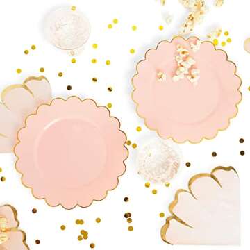 Sparkle and Bash 50 Pack Pink and Gold Plastic Plates, 9 Inch Scalloped Plates with Gold Rim for Bir...