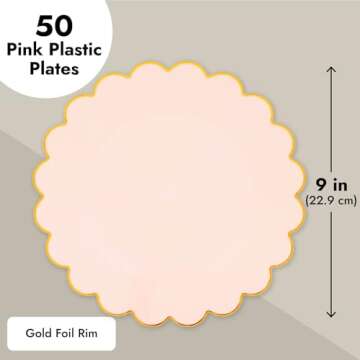 Sparkle and Bash 50 Pack Pink and Gold Plastic Plates, 9 Inch Scalloped Plates with Gold Rim for Birthday Party, Baby Shower