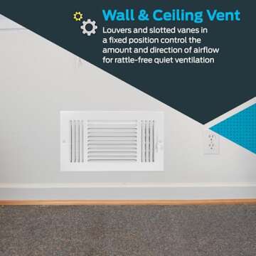 EZ-FLO 12 x 6 Inch (Duct Opening) Air Vent Cover for Wall or Ceiling, Three-Way Ventilation Register, Solid Steel HVAC Register Cover, White, 61615