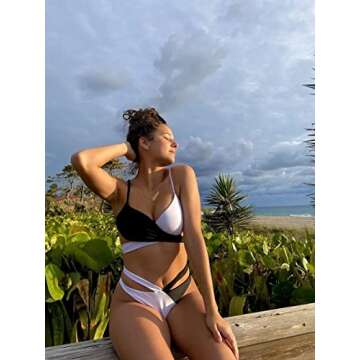 Lilosy Sexy Wrap Criss Cross Cutout Two Tone Color Block High Cut Leg Thong Brazilian Bikini Swimsuit Set Women Cheeky Bottom Tie Back Bathing Suit 2 Piece Black and White Small