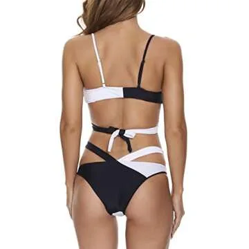 Lilosy Sexy Wrap Criss Cross Cutout Two Tone Color Block High Cut Leg Thong Brazilian Bikini Swimsuit Set Women Cheeky Bottom Tie Back Bathing Suit 2 Piece Black and White Small