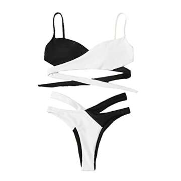 Lilosy Sexy Wrap Criss Cross Cutout Two Tone Color Block High Cut Leg Thong Brazilian Bikini Swimsuit Set Women Cheeky Bottom Tie Back Bathing Suit 2 Piece Black and White Small