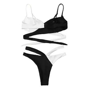 Lilosy Sexy Wrap Criss Cross Cutout Two Tone Color Block High Cut Leg Thong Brazilian Bikini Swimsuit Set Women Cheeky Bottom Tie Back Bathing Suit 2 Piece Black and White Small
