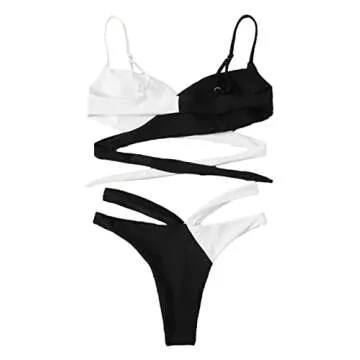 Lilosy Sexy Wrap Criss Cross Cutout Two Tone Color Block High Cut Leg Thong Brazilian Bikini Swimsuit Set Women Cheeky Bottom Tie Back Bathing Suit 2 Piece Black and White Small