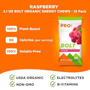 PROBAR - BOLT Organic Energy Chews, Raspberry, Non-GMO, Gluten-Free, USDA Certified Organic, Healthy, Natural Energy, Fast Fuel Gummies with Vitamins B & C (12 Count)