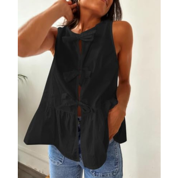 Lordree Women Tie Front Tank Top Sleeveless Ruffled Hem Peplum Top Cute Bow Tie Babydoll Vest Top Summer Streetwear Black