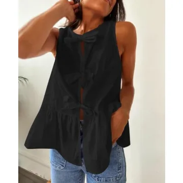 Lordree Women Tie Front Tank Top Sleeveless Ruffled Hem Peplum Top Cute Bow Tie Babydoll Vest Top Summer Streetwear Black