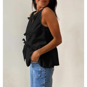 Lordree Women Tie Front Tank Top Sleeveless Ruffled Hem Peplum Top Cute Bow Tie Babydoll Vest Top Summer Streetwear Black
