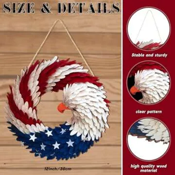 Anglechic 4th of July Hanging Door Sign Wooden Independence Day Decorations Patriotic Door Hanger American Rustic Wooden Plaque for Wall Front Porch Outdoor Farmhouse(Garland Style)