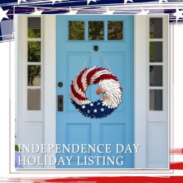 Anglechic 4th of July Hanging Door Sign Wooden Independence Day Decorations Patriotic Door Hanger American Rustic Wooden Plaque for Wall Front Porch Outdoor Farmhouse(Garland Style)