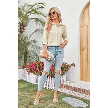 Karlywindow Womens Long Sleeve Button Down Cotton Linen Shirt Blouse Loose Fit Casual V-Neck Tops