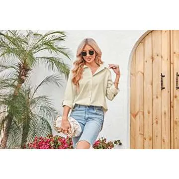Karlywindow Womens Long Sleeve Button Down Cotton Linen Shirt Blouse Loose Fit Casual V-Neck Tops