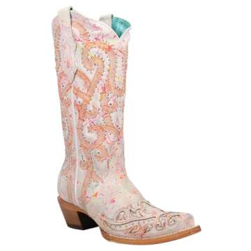 Corral Boots Womens Fluorescent Embroidered Tooled Inlay Studded Snip Toe Casual Boots Mid Calf Mid ...