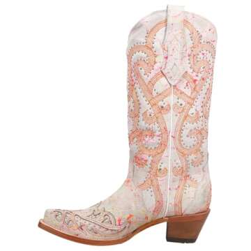 Corral Boots Womens Fluorescent Embroidered Tooled Inlay Studded Snip Toe Casual Boots Mid Calf Mid Heel 2-3" - White - Size 10 M