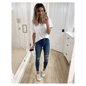 MIHOLL Women's Short Sleeve V-Neck Shirts Loose Casual Tee T-Shirt (White, X-Large)