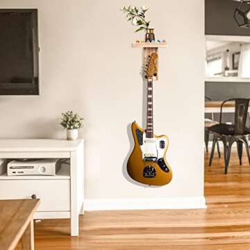 letitnice Guitar Wall Mount with Shelf - Pine Wood Rack