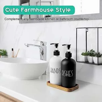 ALELION Glass Dish Soap Dispenser for Kitchen - 16 OZ Hand Soap Dispenser Set with Pump and Acacia Wood Tray - Black White Modern Farmhouse Kitchen Bathroom Decor and Accessories