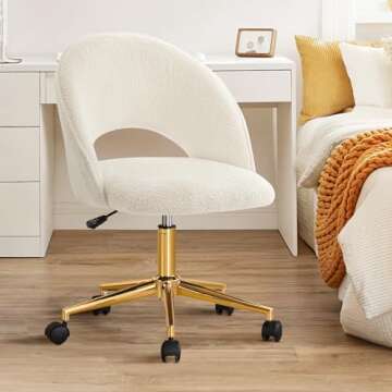 Furniliving Vanity Accent Chair, Modern Cute Round Desk Chairs with Wheels Adjustment Height Swivel Chair Upholstered Sherpa Gold Metal Base for Makeup Living Room Bedroom,White