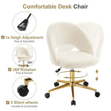 Furniliving Vanity Accent Chair, Modern Cute Round Desk Chairs with Wheels Adjustment Height Swivel Chair Upholstered Sherpa Gold Metal Base for Makeup Living Room Bedroom,White