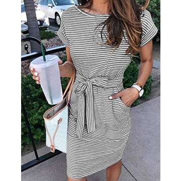 MEROKEETY Women's Summer Striped Short Sleeve T Shirt Dress Casual Tie Waist Midi Dress Darkgrey