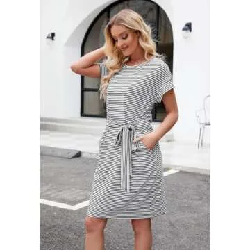 MEROKEETY Women's Summer Striped Short Sleeve T Shirt Dress Casual Tie Waist Midi Dress Darkgrey