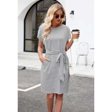 MEROKEETY Women's Summer Striped Short Sleeve T Shirt Dress Casual Tie Waist Midi Dress Darkgrey