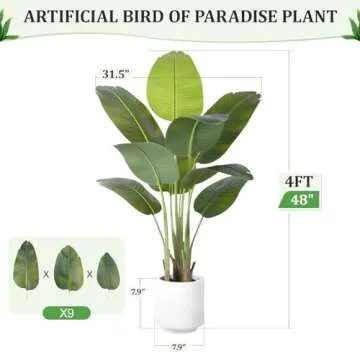 ZEEOZE Artificial Bird of Paradise Plant 4Ft Tall Fake Tropical Palm Tree Large Fake Plants with 9 Silk Banana Leaves Faux Plant Indoor Decor Trees with White Pot for Home Bedroom Living Room Office