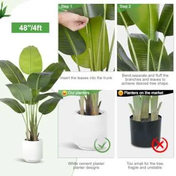 ZEEOZE Artificial Bird of Paradise Plant 4Ft Tall Fake Tropical Palm Tree Large Fake Plants with 9 Silk Banana Leaves Faux Plant Indoor Decor Trees with White Pot for Home Bedroom Living Room Office