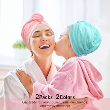 BABYSHEEP Microfiber Hair Towel Wrap for Women, Hair Drying Towel with Button, Super Absorbent Quick Dry Hair Turban for Curly Long Thick Hair (Pink & Blue)